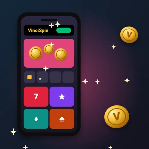 VinciSpin casino online w telefonie VinciSpin casino online w telefonie – różowy ekran z monetami i kafelkami gier